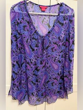 Sunny Leigh Silk Purple Paisley V-Neck Tunic. Size-L